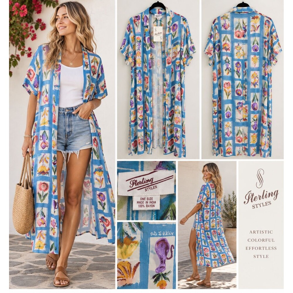 Sterling Styles NWT Floral Long Kimono Duster One Size Boho Art Wear Made India